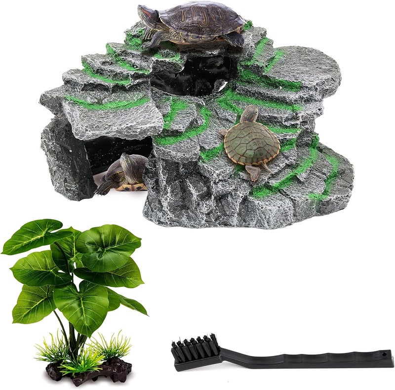 Moonorange Turtle Basking Platform, Reptile Habitat Hideout, Decorative Resin for Aquarium & Terrarium, Including Artificial Plant and Cleaning Brush.(C-Medium-Black) - Image 1